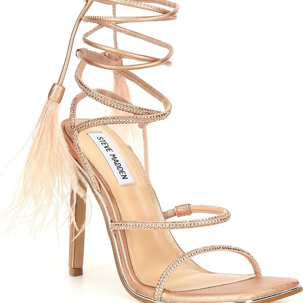 Steve Madden Upgrade Rhinestone Feather Embellished Ankle Wrap Stiletto